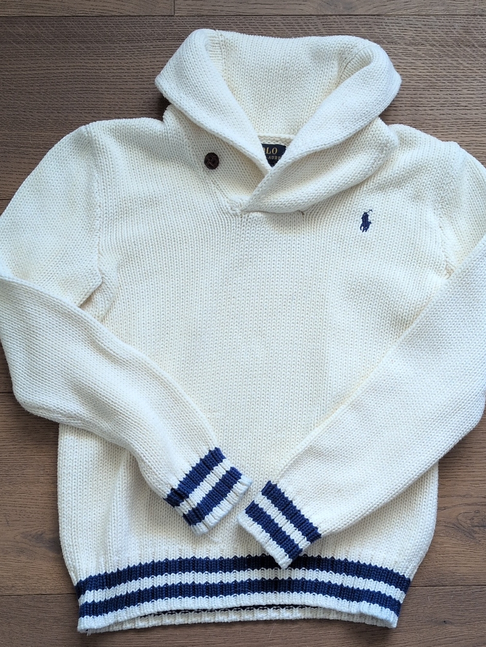 Polo by Ralph Lauren Cream Shawl Collar Sweater with Navy Stripes Kids